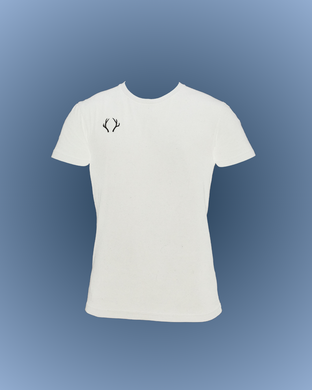A Ballet white short-sleeve crewneck t-shirt with a small black GENTS TEE in white. displayed against a blue gradient background.